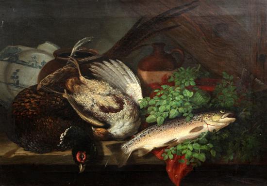 Thomas G Targett (1829-1929) Still life of a trout and game birds upon a ledge 17 x 24.5in.